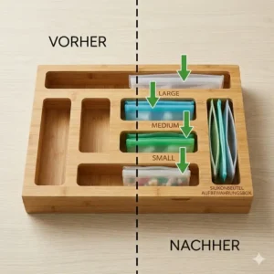 Illustration showing how the compact silikonbeutel aufbewahrungsbox fits perfectly inside standard kitchen drawers.