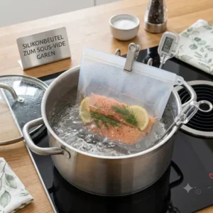 Silikonbeutel alternative zu plastikbeuteln im Sous-Vide-Bad bei hoher Hitze zum Garen von Fisch.