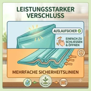Detailzeichnung über auslaufsichere umweltfreundliche silikonbeutel mit einem starken Verschluss und mehrfachen Sicherheitslinien.