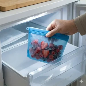 Frozen berries in a plastic-free silicone bag with visible ice crystals inside a freezer compartment.