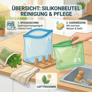 Grafik-Anleitung wie man einen zero waste silikonbeutel einfach in der Spülmaschine oder per Hand reinigt.