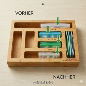 Illustration of a hand easily removing a reusable food storage bag from the silikonbeutel aufbewahrungsbox dispenser.