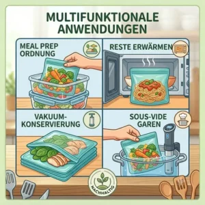Multifunktionale Anwendungen für umweltfreundliche silikonbeutel bei der Aufbewahrung von Mahlzeiten, Vakuum-Konservierung und Sous-Vide-Garen.