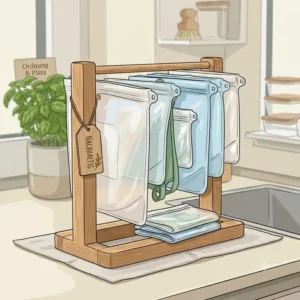 Illustration verschiedener Silikonbeutel-Größen, die gleichzeitig auf dem Trockengestell trocknen, welches ein universelles Silikonbeutel Trockengestell ist.