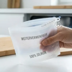 An inverted, clean plastic-free silicone bag on the upper rack of a dishwasher for drying.
