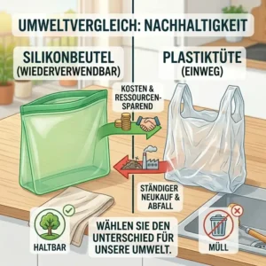 Ein Vergleich zwischen einem langlebigen zero waste silikonbeutel und einer umweltschädlichen Einweg-Plastiktüte.