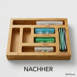 Eco-friendly product illustration highlighting the sustainable bamboo material of this silikonbeutel aufbewahrungsbox.