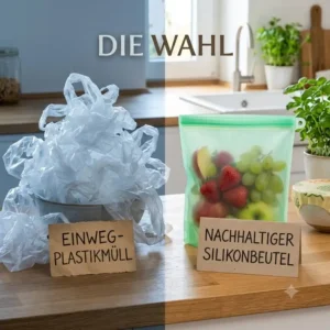 Ein Stapel leerer Plastiktüten neben einem einzelnen Silikonbeutel alternative zu plastikbeuteln zur Veranschaulichung der Nachhaltigkeit.