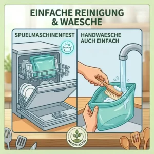 Einfache Reinigung für umweltfreundliche silikonbeutel in der Spülmaschine und schnelle Handwäsche mit einer Bürste im Spülbecken.