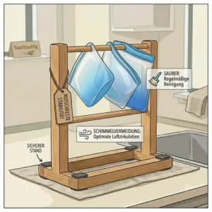 Illustration der hygienischen Trocknung zur Vermeidung von Schimmel in Silikonbeuteln, die ein hygienisches Silikonbeutel Trockengestell zeigt.