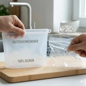 An infographic comparison of a durable plastic-free silicone bag and a pile of disposable single-use plastic bags.