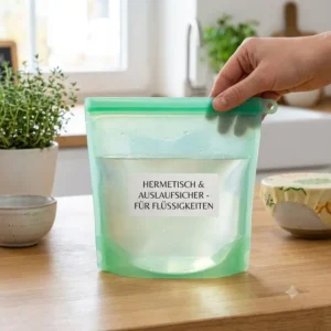 Sicherer, luftdichter Verschluss an einem Silikonbeutel alternative zu plastikbeuteln, der Flüssigkeiten auslaufsicher hält.