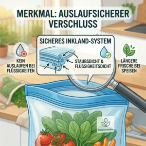 Nahaufnahme-Illustration des auslaufsicheren Verschlusses eines zero waste silikonbeutel für flüssige Lebensmittel.