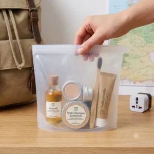 Silikonbeutel alternative zu plastikbeuteln als wiederverwendbare Verpackung für Kosmetik auf Reisen.