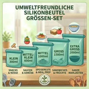 Ein praktisches Größen-Set für umweltfreundliche silikonbeutel von klein für Snacks bis extra groß für ganze Mahlzeiten.