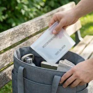 A small plastic-free silicone bag filled with nuts and dried fruit in a handbag for on-the-go snacking.