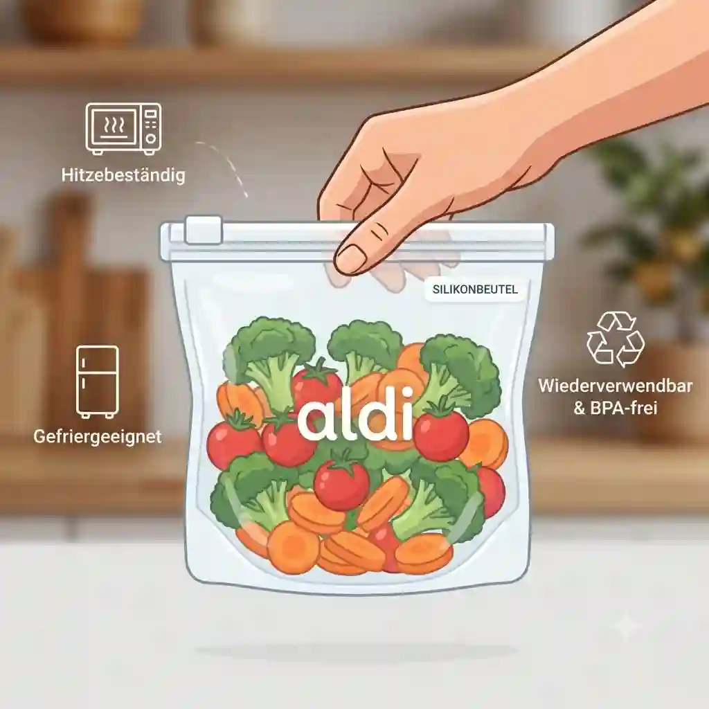 A person places fresh vegetables into a large silikonbeutel aldi for food storage.
