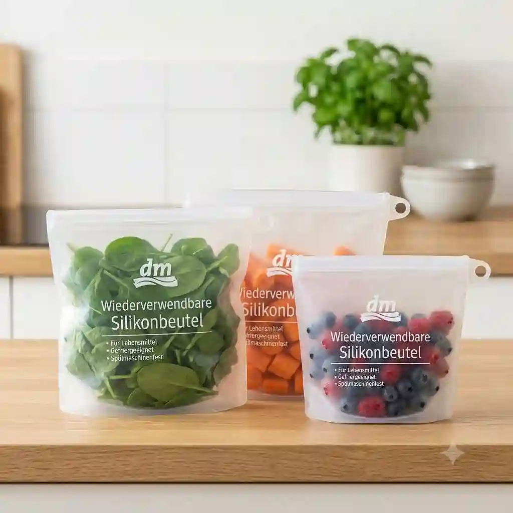 Reusable silikonbeutel dm filled with fresh vegetables and fruits in a bright kitchen."