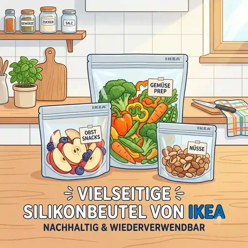 "Three reusable silikonbeutel ikea bags filled with fresh vegetables on a bright kitchen countertop."