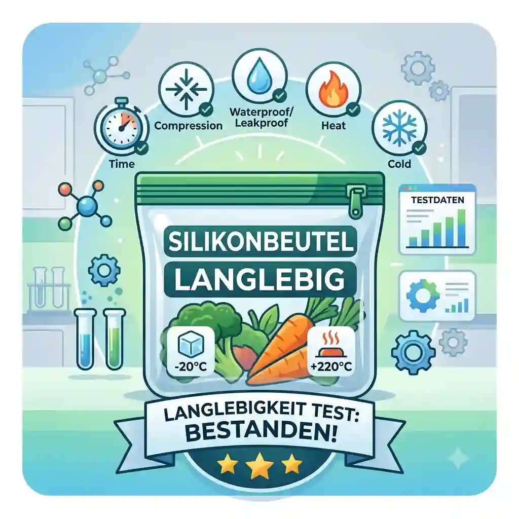 A close-up shot of a durable, clear food-grade silicone bag (silikonbeutel langlebigkeit test) holding fresh vegetables, labeled "LANGLEBIG."