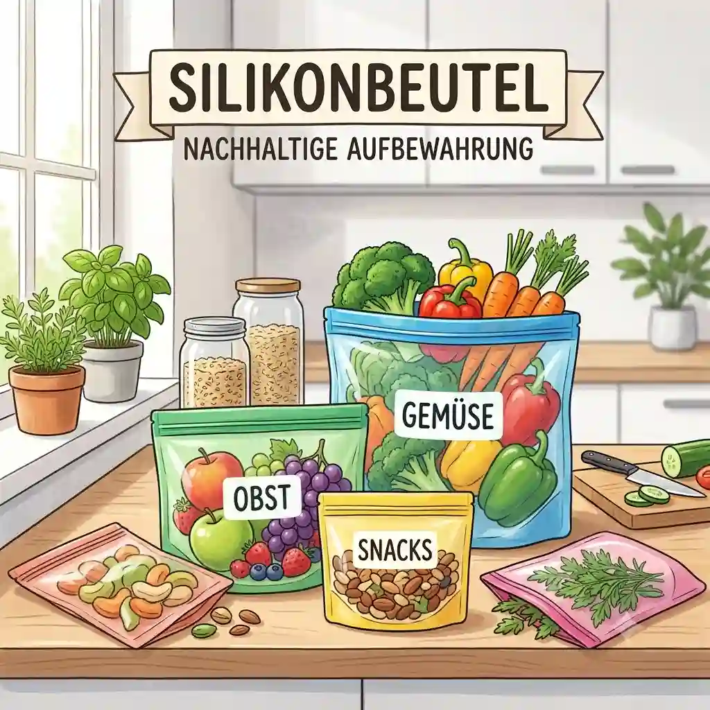 A vibrant kitchen counter showcasing a variety of colorful reusable bags filled with fresh food, highlighting "silikonbeutel nachhaltige aufbewahrung".