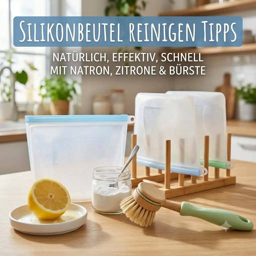 Essential silikonbeutel reinigen tipps featuring baking soda, lemon, and a wooden brush on a kitchen counter.