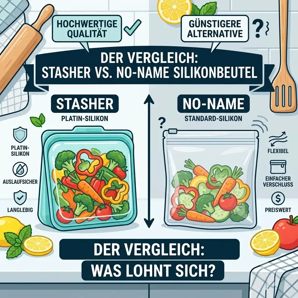 A direct comparison of stasher vs no name silikonbeutel options.