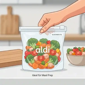 Multiple silikonbeutel aldi are prepared with weekly meal plan ingredients.