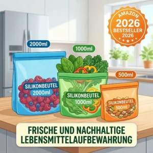 Various sizes of reusable silikonbeutel storing fresh vegetables and fruits in a fridge