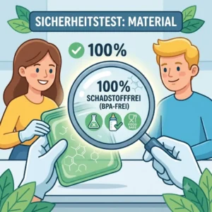 Illustration 1 for the stasher silikonbeutel test shows the material safety as 100% platinum silicone and BPA-free