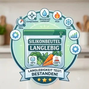 Hands testing the tear resistance and elasticity of a clear silicone bag (silikonbeutel langlebigkeit test) under significant stress.