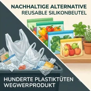 A conceptual illustration comparing a single reusable bag to hundreds of single-use plastic bags for "silikonbeutel nachhaltige aufbewahrung".