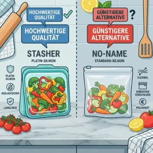 Infographic showing a value-for-money comparison of stasher vs no name silikonbeutel.