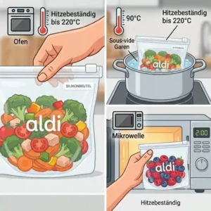A silikonbeutel aldi containing chicken is submerged in hot water for sous-vide cooking.