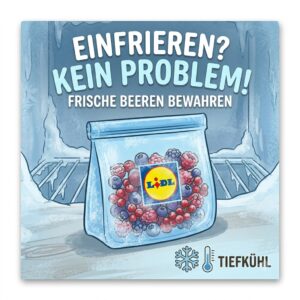 Silikonbeutel lidl filled with berries in the freezer.