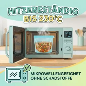 An infographic demonstrating heat resistance up to 230 degrees Celsius in a microwave, focusing on "silikonbeutel nachhaltige aufbewahrung".