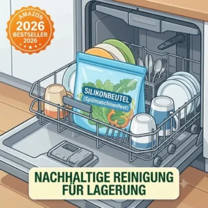 Transparent silikonbeutel placed inside a dishwasher rack for easy cleaning