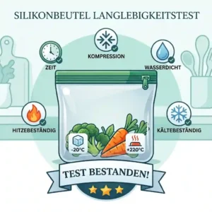 An upside-down silicone bag, completely full of water (silikonbeutel langlebigkeit test), demonstrating its reliable seal.