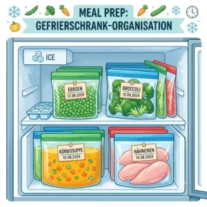 An organized freezer shelf filled with labeled meal prep bags, demonstrating "silikonbeutel nachhaltige aufbewahrung".