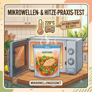 Aeifond silikonbeutel test in a microwave showing high heat resistance and steaming vegetables