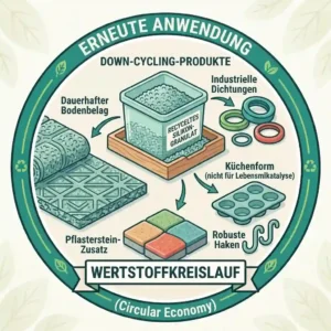 Graphic showing new products like floor coverings or seals created through silikonbeutel recycling