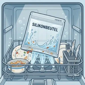 "An upside-down silikonbeutel ikea bag placed in the dishwasher rack for easy washing."