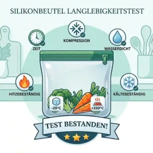 A cartoon image of a clear silicone bag being safely cleaned in a dishwasher (silikonbeutel langlebigkeit test).