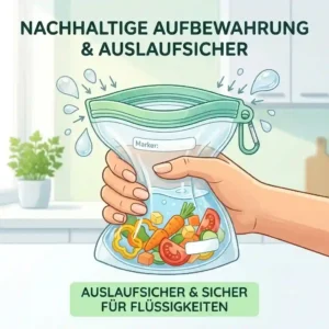 A close-up illustration of a secure, leakproof seal holding liquids safely for "silikonbeutel nachhaltige aufbewahrung".
