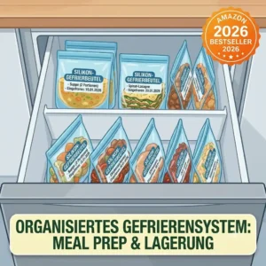 Organized freezer drawer filled with labeled silikonbeutel for meal prep