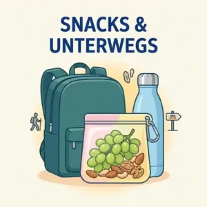 A compact silikonbeutel dm filled with nuts and grapes as a healthy snack next to a backpack