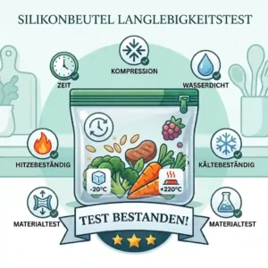A comparison graphic showing a new clear silicone bag next to a frequently used one (silikonbeutel langlebigkeit test).