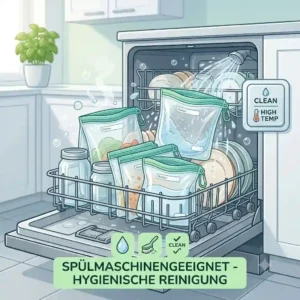 A dishwasher rack with opened bags being thoroughly cleaned, illustrating "silikonbeutel nachhaltige aufbewahrung".