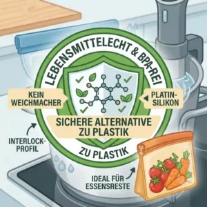 A user guide visual showing how easily a durable stasher silikonbeutel alternative is cleaned on the top rack of a standard dishwasher.