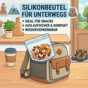 "A small silikonbeutel ikea bag filled with healthy nuts and snacks inside a travel backpack."